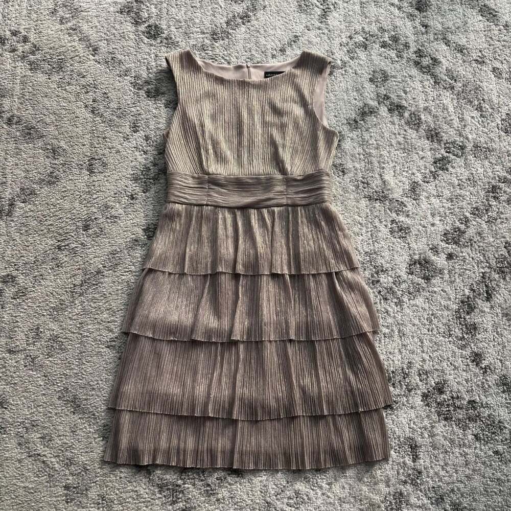 Connected Apparel Metallic Champagne Gold Accordion Pleat Tiered Cocktail Dress